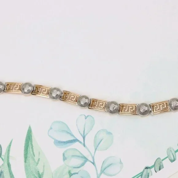 "Greek Key Rose Gold Bracelet with Silver Disc Accents, XPBL0792 - Picture 3 of 12